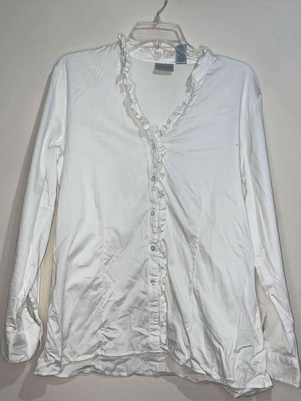Chicos Cotton Blend White Long Sleeve Ruffle Hem Button Up Coquette Feminine 2